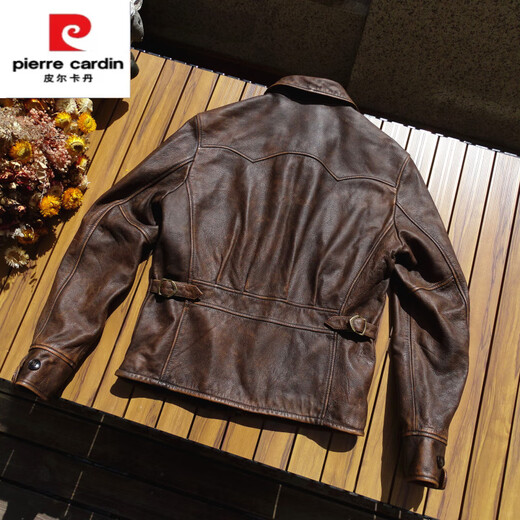 Pierre Cardin high-end soft waxy pendant 1930 Enfield heavy washed distressed leather jacket men's Bengal tea core cowhide leather jacket heavy washed distressed Bengal calf yellow brown tea core 3XL 165-180Jin Jin is equal to 0.5 kg