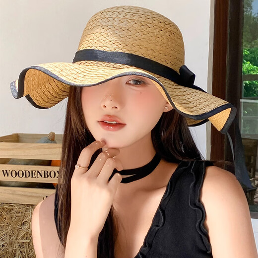逸兼遮阳帽蝴蝶结波浪边草帽女夏季复古大帽檐遮阳帽海边沙滩度假帽子 波浪渔夫帽草帽【卡其均码】 自带防风绳