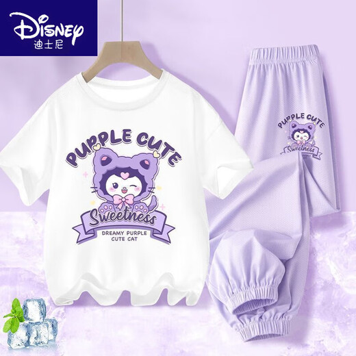迪士尼（Disney）BINPAW女童夏季玉桂狗套装2025新款大童纯棉短袖t恤儿 A983白+A984紫裤 130 (建议身高115-125cm)