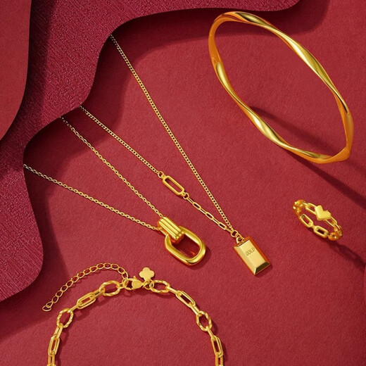 Ji Bochi Pure Gold Silver Pendant G24K Gold Elegant Classic Retro Double Ring Geometric Necklace for Girlfriend Geometric Pendant + Necklace