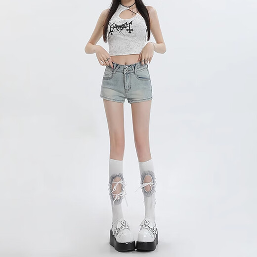 Light blue denim shorts for women in summer new high waist stretch slim fit a-line tight hip hot pants retro blue M