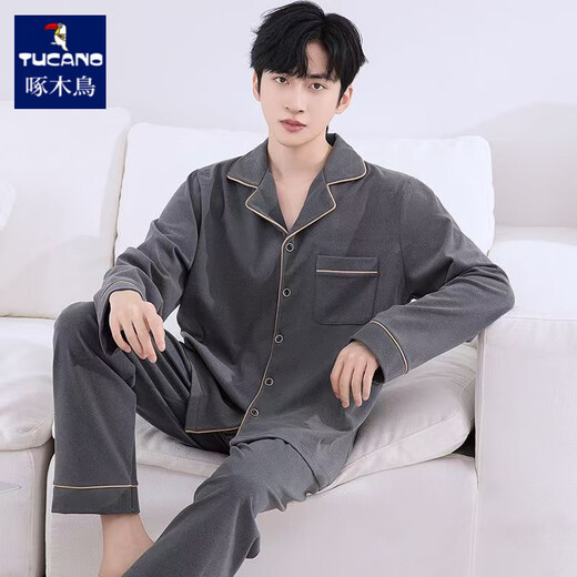 Woodpecker spring and autumn pajamas for men and women, long-sleeved, can be worn outside, couples thickened large size coral velvet home clothes set, men DM801 dark gray 3XL
