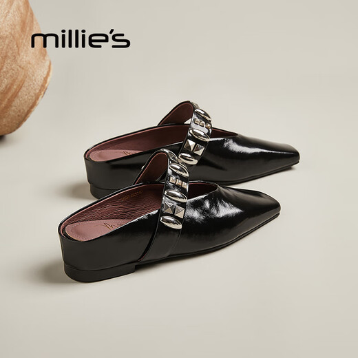 妙丽（Millies）高级感平底内增高包头半拖鞋女外穿真皮气质百搭凉拖女 黑色 38