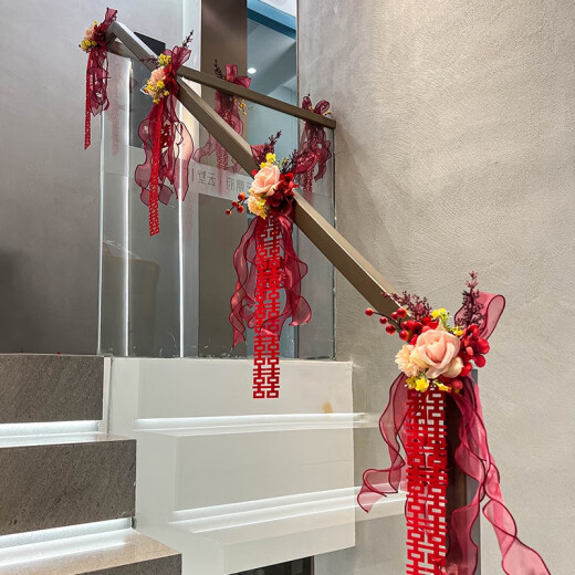 CLCEY Wedding Stair Handrail Decoration Wedding Room Layout Scene Bow Honeycomb Ball Post Hanging Decoration Wedding Flower B3892-Big Red Pearl Ice Wire Cloth 4 meters
