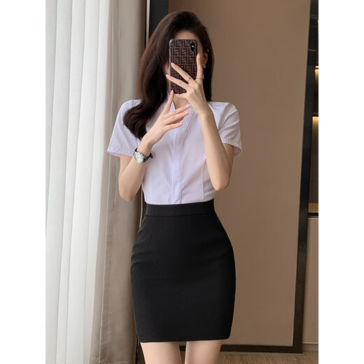 璐依雅涵酒店前台工作服女衬衫白色短袖面试套装空姐制服职业气质白衬衣 KSL-693D白色衬衫(暗门襟) 方领 S