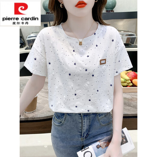 Pierre cardin pure cotton printed T-shirt for women short-sleeved summer 2025 new loose print design versatile T-shirt top trend Guangzhou Thirteen Lines 1396 white + 8201 blue grid M suitable for 100-109Jin [Jin equals 0.5 kg]