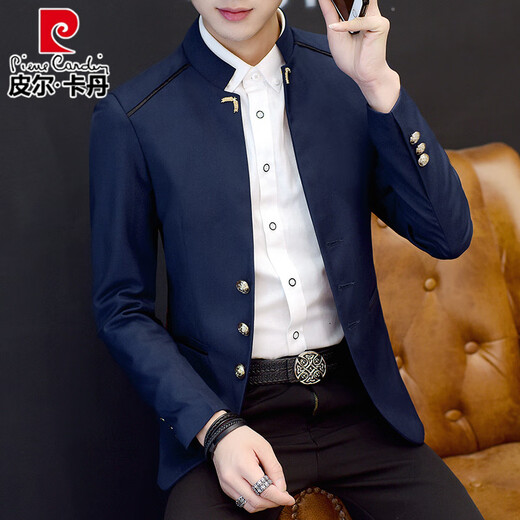 Pierre Cardin tunic suit men's spring and autumn jacket youth slim casual thin small suit Chinese stand collar suit burgundy 3XL