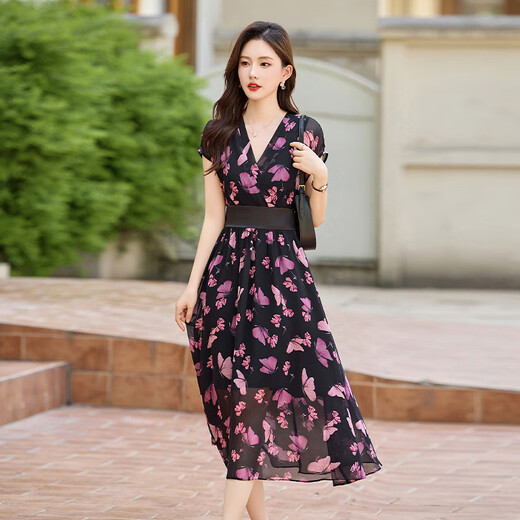 Ehangy轻奢品牌连衣裙女2025夏季新款海边度假风显瘦v领时尚a字裙子 绿花 L