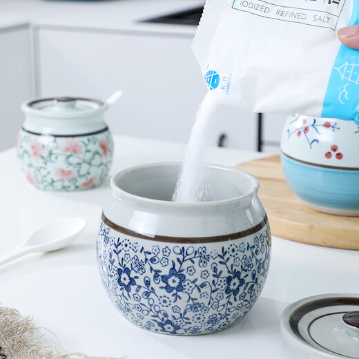 Carole ceramic high temperature resistant lard jar old-fashioned household kitchen oil-splashed pepper special jar with lid salt jar blue and white porcelain anti-cracking small blue and white + spoon 280ml