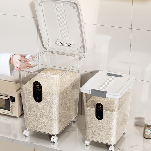 Rice bucket insect-proof and moisture-proof sealed rice box rice cylinder thickened flour noodle bucket rice bucket storage box miscellaneous grain bucket content cup white transparent - wheeled 60 Jin Jin equals 0.5 kg rice/50 Jin Jin equals 0.5 kg noodles