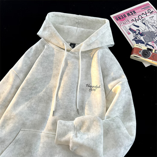VUUG American retro tie-dye autumn and winter casual loose couple heavyweight men's hooded sweatshirt for men white XL