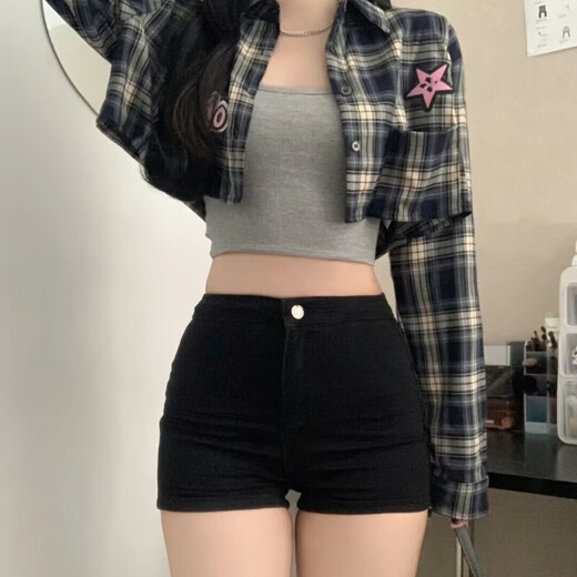 Small black tight denim shorts for women wearing summer high waist slim hot pants American pants black [WK-K503] S