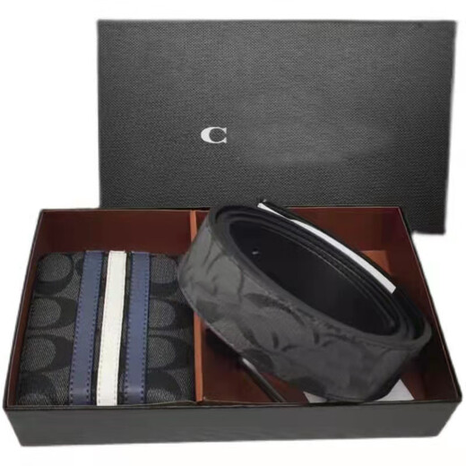 Goyn Herren gedruckter kurzer Brieftasche Brieftasche Brieftasche Pin Schnalle Herrengürtel mit Vollverpackung High-End-dreiteils Set Relief Schwarz