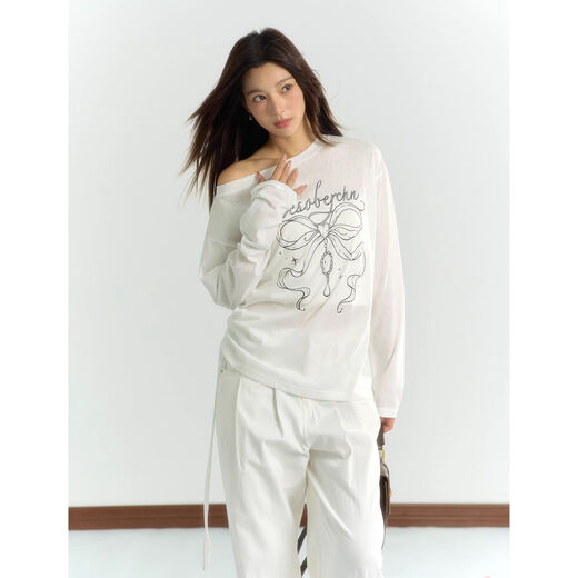 蝴蝶结印花斜肩防晒长袖罩衫t恤女夏季慵懒宽松上衣GXXX96-60002 白色 S