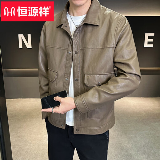 Hengyuanxiang men's leather jacket spring 2026 new American trendy brand casual lapel men's pilot motorcycle leather jacket coffee color 2XL