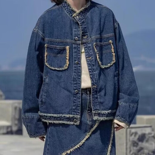 韩版复古美式小个子水洗毛边口袋正肩小众设计圆领牛仔夹克外套 深蓝色 3XL