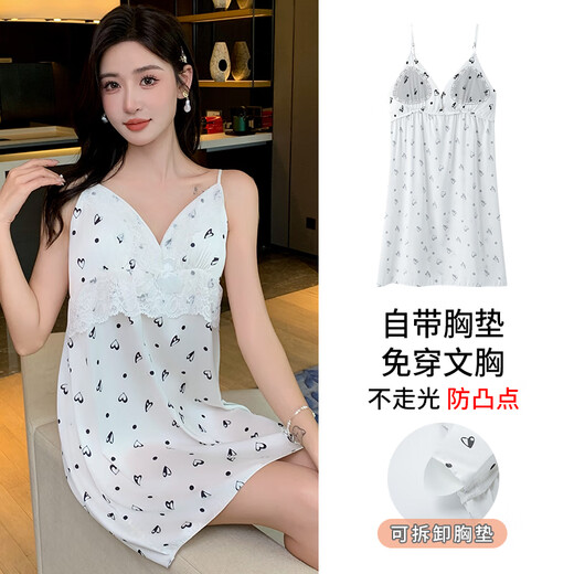 Langsha Bing Seiden sexy Schlinge Nachtkleid Pure Desire Frauen Sommer Dünner Stil Spitzen -Pyjamas mit Brustpolster 11965 mit Brustpolster m