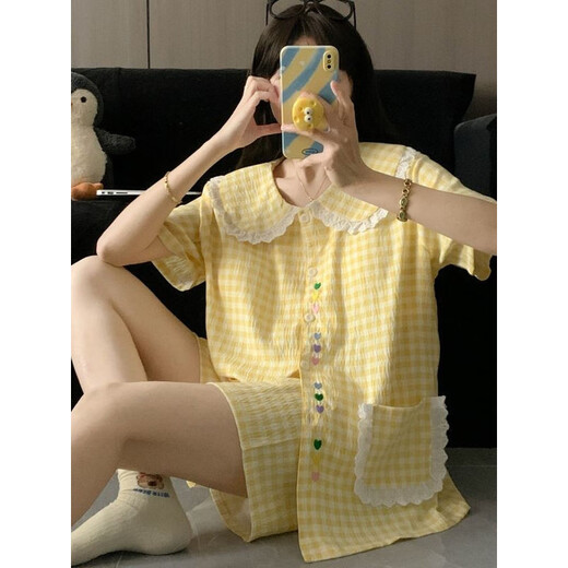 Velvet ártico Ropa para el hogar de gran tamaño para mujeres 2025 Nuevo verano Papelado de manga corta Sweet Princess Fengyunduo Pajamas Conjunto de tres piezas H9923 Frog Tear [estilo de solapa pequeña] M