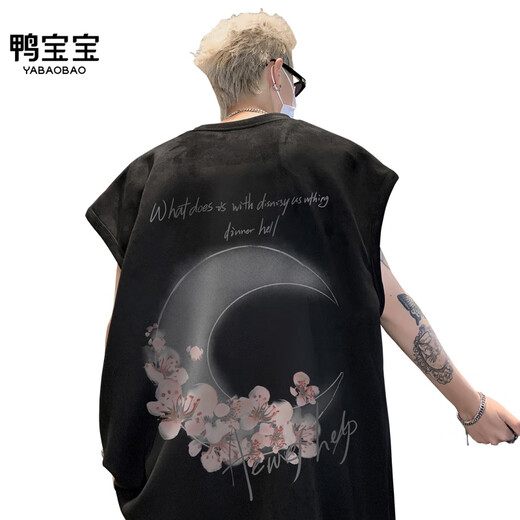 鸭宝宝美式潮流ins印花背心男夏季2024新款休闲情侣坎肩宽松圆领无袖T恤 H9904-黑色 M
