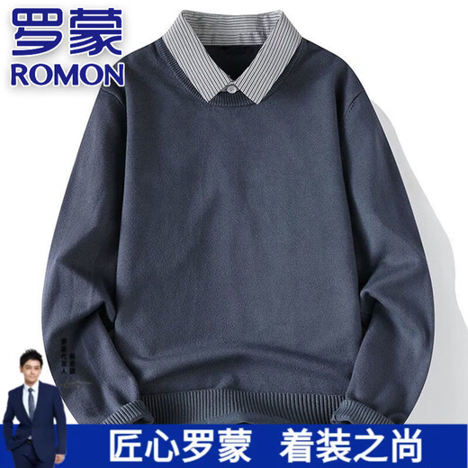 罗蒙（ROMON）高端假两件套头毛衣男士春秋款时尚休闲商务衬衫领打底上衣针织衫 黑色【假两件针织衫】 2XL