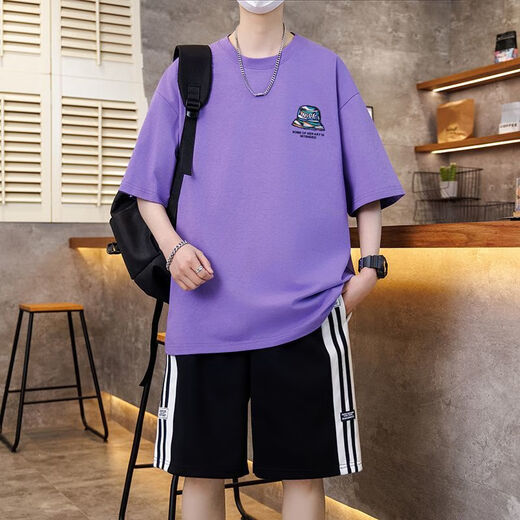 卡度顿青少年男孩短袖t恤夏季初高中学生休闲运动套装潮流帅气大童体恤 7027白色套装 M 建议80-100斤左右