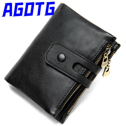 
AGOTG brand oil wax cowhide men's wallet short retro zipper anti-theft card clip rfid leather large capacity handbag brown