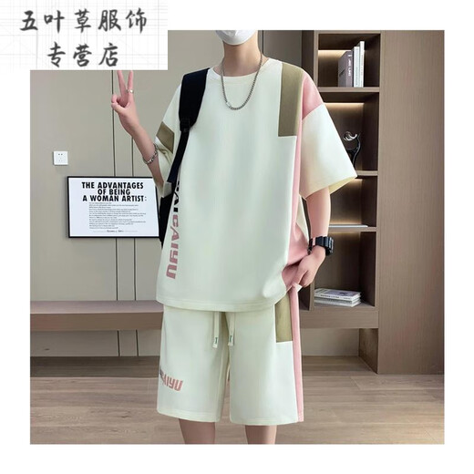 Ketuke Qianyue teenager shorts shorts suit boys high school junior high school ice silk shirt big children summer casual sportswear 6198 m white (short sleeves + shorts) Quality assurance M 70-90Jin [Jin equals 0.5 kg]