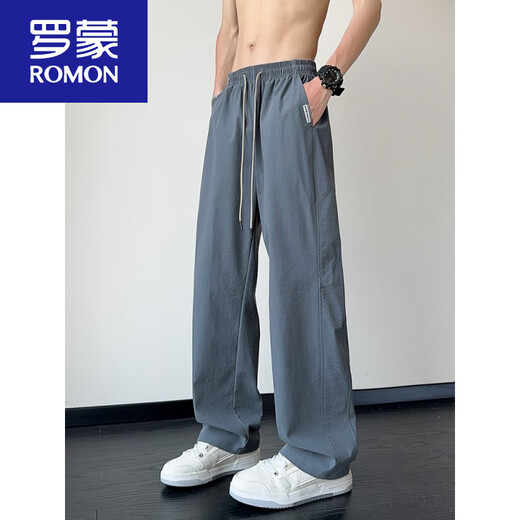Romon Herrenhose Sommer Dünnes Mesh atmungsaktuelle, gerade Eisseidenhosen für Jungen graue amerikanische Schnellrockshosen Casual Hosen 6636 Schwarz + 6632 Schwarz M.