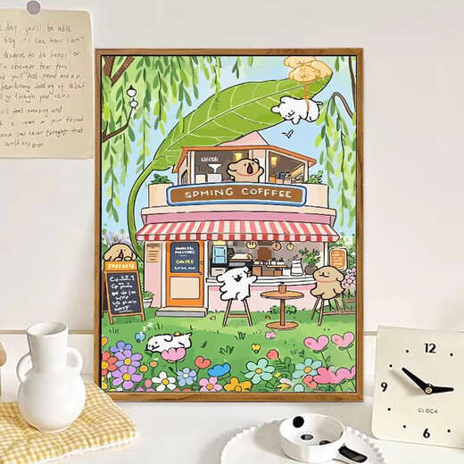 He Jiangong 2025 new line puppy digital oil painting DIY cure cartoon children's hand-painted fill coloring LL13882 acrylic paint professional oil canvas multiple professional brushes wall hanging tools 20*30cm thick solid wood inner frame