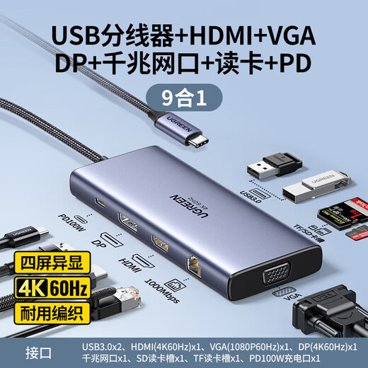 绿联拓展坞typec扩展转换器hub集分线器usb插头多口雷电4网线多功能转接头适用iPad平板macbookpro笔记 15602【9合1四屏异显】HDMI(60Hz)+ 0.2m