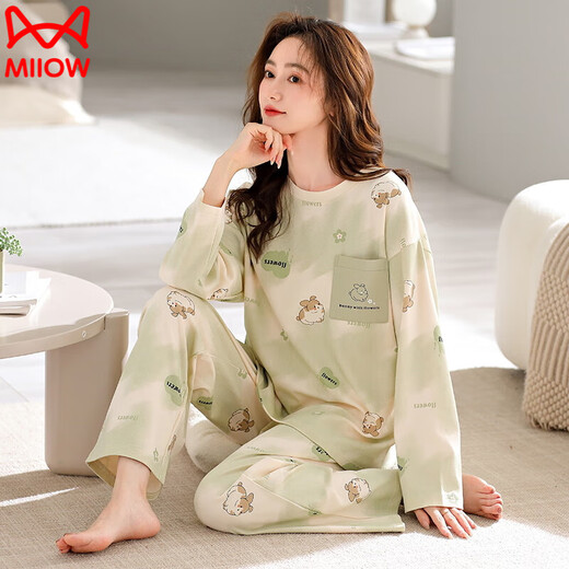 
Catman (MiiOW) pajamas for women in spring and autumn pure cotton large size loose long sleeves for students to wear on the outside Korean style suit winter and summer home clothes Navy blue GXT9923 picture color M (recommended 75-95Jin [Jin equals 0.5 kg])