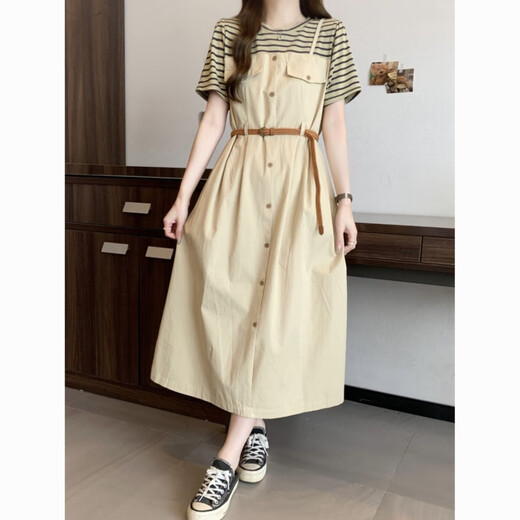 Star Chui Xiaowu Summer French Large Size Dress Fat MM Extra Large Size 300 Jin [Jin equals 0.5 kg] Fake two-piece striped T-shirt dress for women summer display C1049-Bean green dress without belt M (80-110 Jin [Jin equals 0.5 kg])