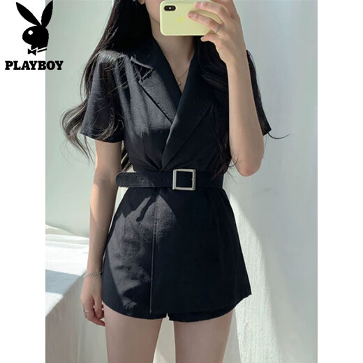 花花公子;PLAYBOY法式新款夏季韩版连体衣女装气质收腰连身短袖西装领连体短裤套装 黑色 S