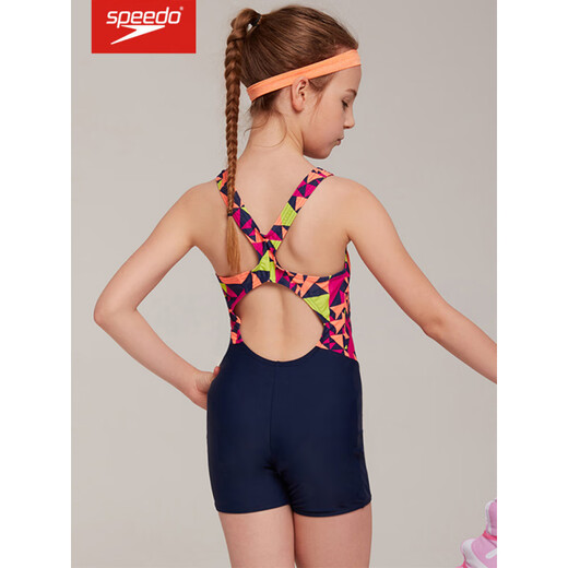 速比涛（Speedo）儿童平角泳衣舒适抗氯防晒女孩训练比赛连体游泳衣 黑色/电光粉8-12392G720 130 65(7-8岁)