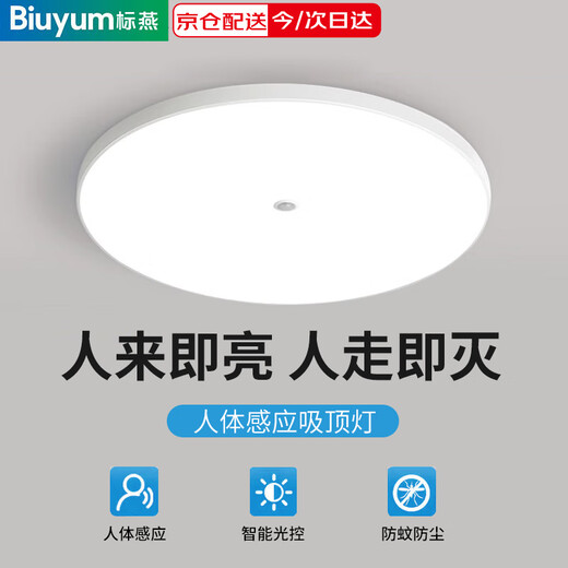 Biuyum human body sensing ceiling lamp LED three-proof ceiling lamp ultra-thin energy-saving high-brightness engineering stair aisle corridor corridor light smart lamp 12W-diameter 22cm-human body sensing