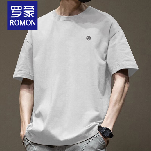 ROMON heavy Xinjiang cotton pure cotton summer American round neck short-sleeved T-shirt men's daily loose casual trendy brand short-sleeved men's T-shirt white-1365 short-sleeved-100% cotton S recommended 90-115Jin Jin equals 0.5 kg