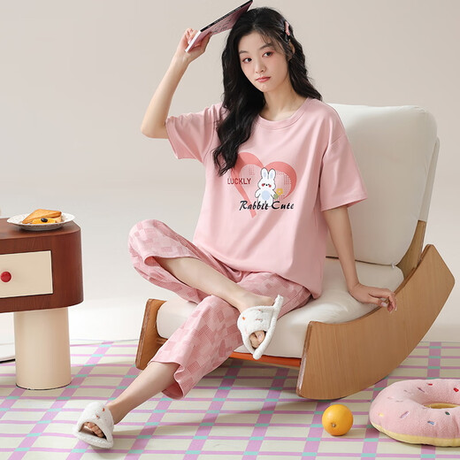 
Arctic velvet pajamas for women in summer pure cotton V-neck short-sleeved cropped pants loose and casual can be worn outside spring home clothing suit T-9854 (short suit) M (80-100Jin [Jin equals 0.5 kg])