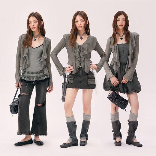 
CHUU fungus ruffled coat for women 2025 summer new lace long sleeves blouse temperament short top medium gray S -00