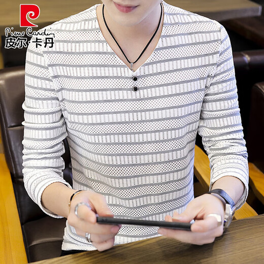 
Pierre cardin men's long-sleeved T-shirt spring and autumn new V-neck base shirt men's slim casual striped middle-aged and young T-shirt top 6188 black XL