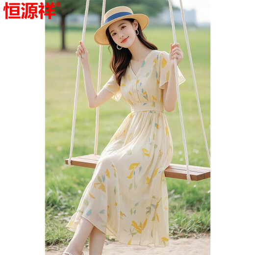 恒源祥冰丝连衣裙子女v领小飞袖高级感法式夏季新款温柔风收腰显瘦长裙 图片色 M 95--105斤