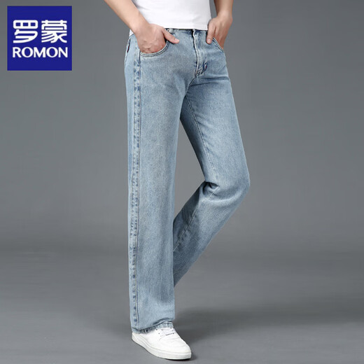 ROMON Printemps et Automne Jeans Ample Hommes Mince Droit Coton Grande Taille Jambe Large Quatre Saisons Pantalons Occasionnels d'âge Moyen et Âgés Grandes Jambes 688 Couleur Claire 28 Taille 2 pieds 1