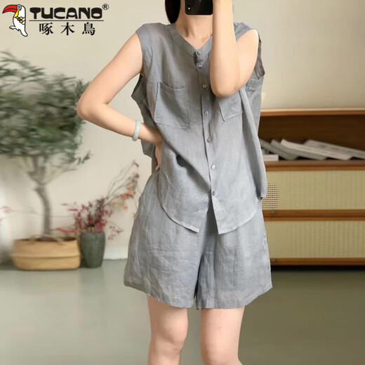 啄木鸟（TUCANO）时尚小资背心纯色马甲套装女2025夏天减龄气质上衣短裤两件套 紫色【面料】 M 建议80-100斤