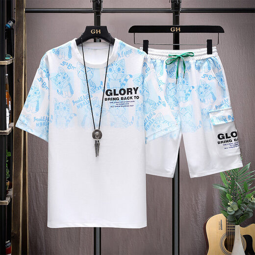 皮尔卡丹（pierre cardin）夏季新品男士短袖短裤一套韩版休闲T恤五分裤两件套青年套装运动 蓝色 6187-套装 M