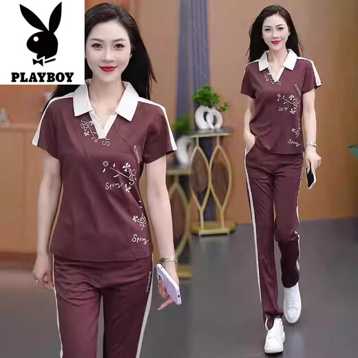 Playboy (PLAYBOY) small casual sports suit for women 2025 new summer fashionable age-reducing short-sleeved wide-leg pants two-piece set Mixing [high-quality fabric] two-piece set - flagship model M [recommended 98 Jin [Jin equals 0.5 kg]]