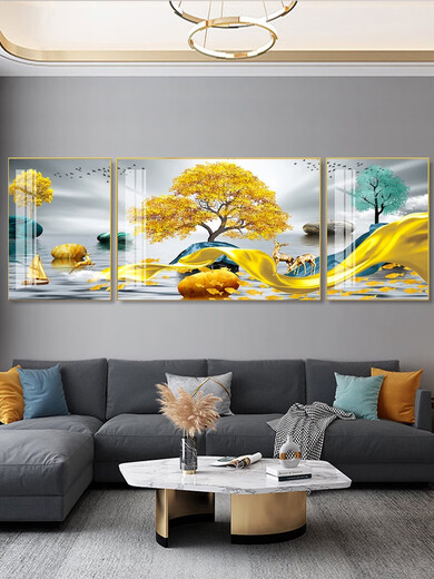 Wohnzimmer Dekoration Malerei Sofa Hintergrund Wand Neues chinesisches Stil Hängende Malerei Landschaftsmalerei moderne einfache Diamantkristallporzellan Malerei Triptychon SL-1105 Middle 70*50+ ungefähr 35*50 cm für 2 Meter geeignet für 2 Meter geeignet