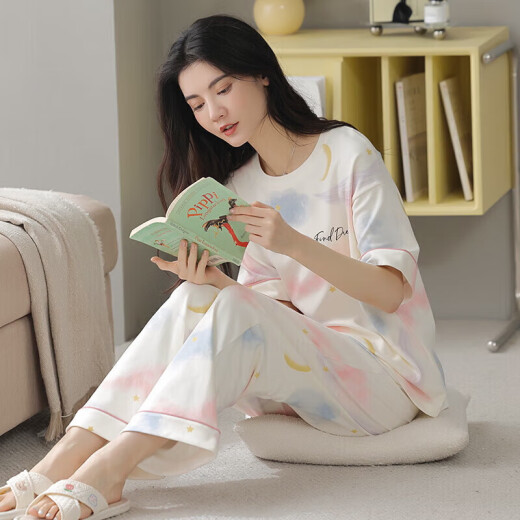 Hongdou (Hodo) Pajamas de verano para mujeres Puertos del algodón puro Pantalones delgados de manga corta Estudiante Lindo traje de estilo coreano Spring y otoño Loose Hogar Y9712 m (recomendado 75-95Jin [Jin iguala 0.5 kg])
