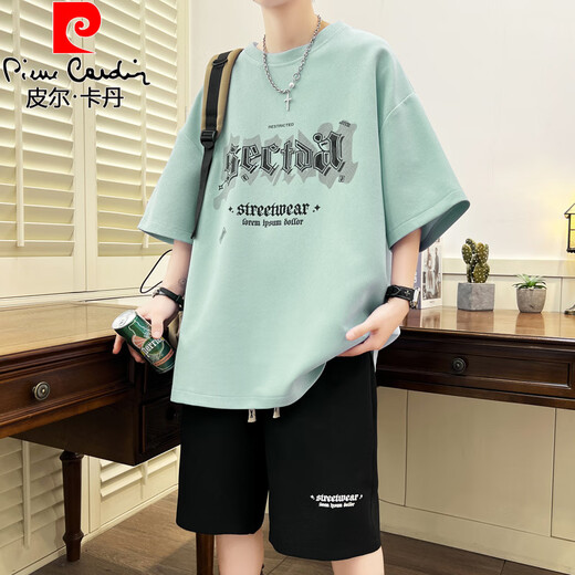 皮尔卡丹（pierre cardin）13青少年夏季套装男孩12-15岁初高中学生短袖t恤14帅气大童夏装16 6628绿色(短袖+短裤) 品质保证 M 80-100斤左右
