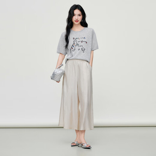 Basic House, einhundert lustiges Muster kurzärmeligter Pullover für Frauen, Sommer neu dünn lose einfaches Top, grau m