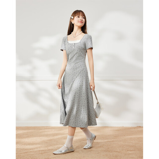 IEF/爱依服2025春夏新款蕾丝拼接时尚短袖连衣裙女甜美中长款裙子 满幅灰 L