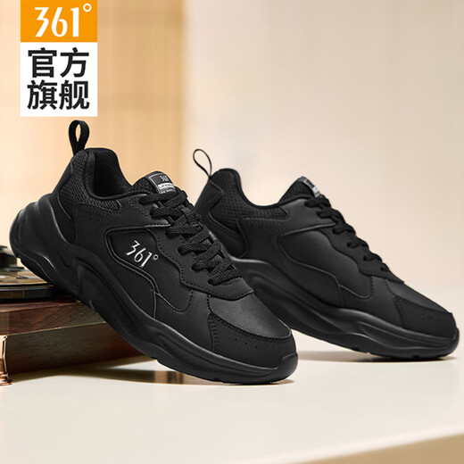 361 Women's Shoes Sports Shoes Women's 2025 Autumn and Winter New Leather Waterproof Black Casual Shoes Women's Lightweight Anti-Slip Running Shoes Obsidian Black 38